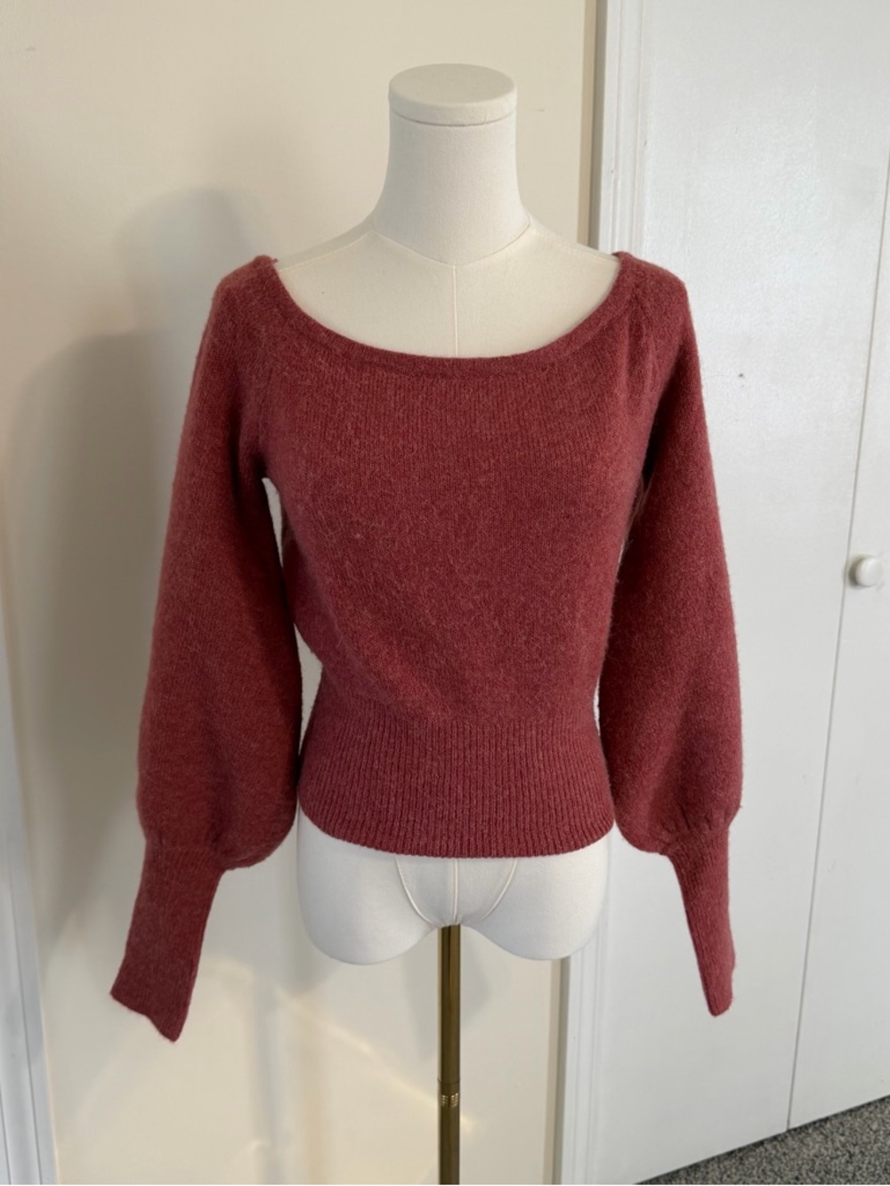 Keepsake Alpaca Wool Blend Long Balloon Sleeve Knit Sweater Boat Neckline Pink